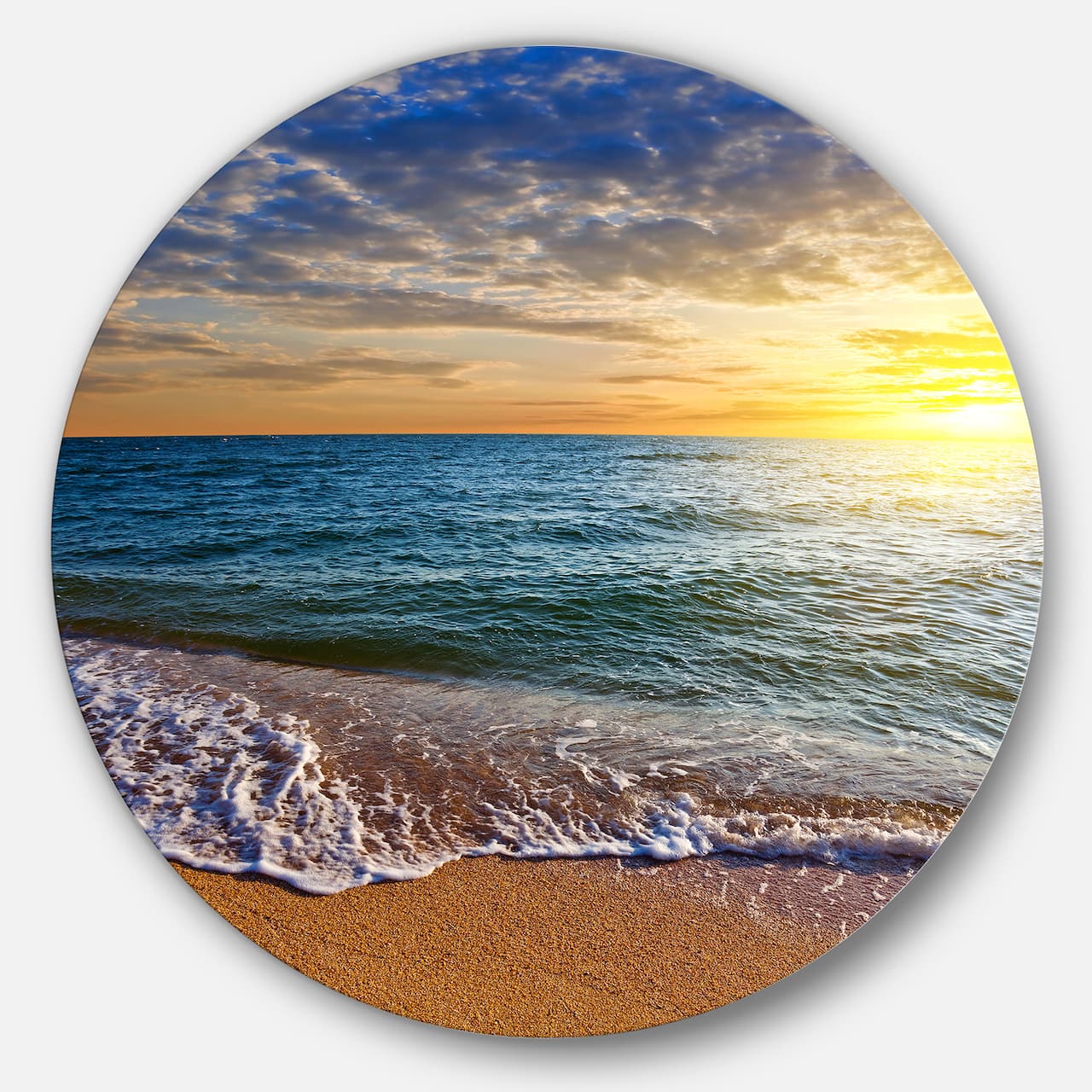 Designart - Layers of Colors on Sunrise Beach' Seascape Metal Circle Wall Art